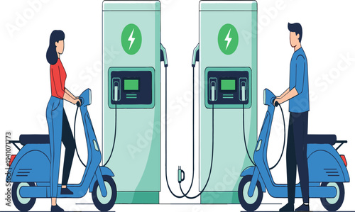 Man and woman charging electric scooters at a modern green charging station for eco friendly transportation and clean energy city concept vector illustration.