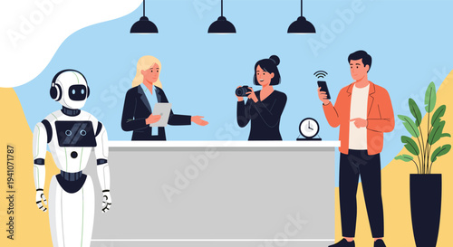 Modern hotel lobby scene featuring a humanoid robot at the reception desk along with staff and guests using technology.