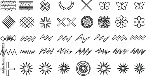 butterfly, zigzag, line, texture, swirl, spiral, cross, starburst, icon, vector, black, minimalist, set, collection, element, design, abstract, linear, graphic, illustration, web, app, logo, shape, cr