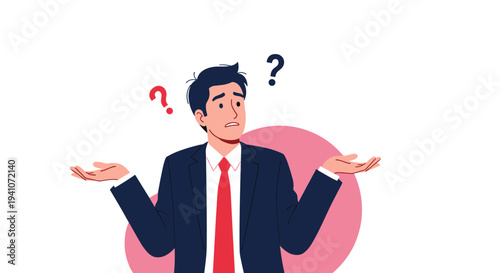 Businessman in a formal suit shrugging with a confused look and question marks floating above his head in uncertainty.