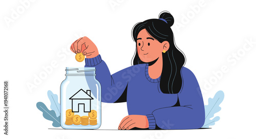 Smiling woman in a cozy sweater putting a coin into a glass savings jar with a house drawing representing home goals.
