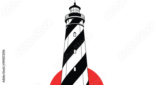 Iconic black and white striped lighthouse standing tall against a bright red sun or circular graphic on a plain background.