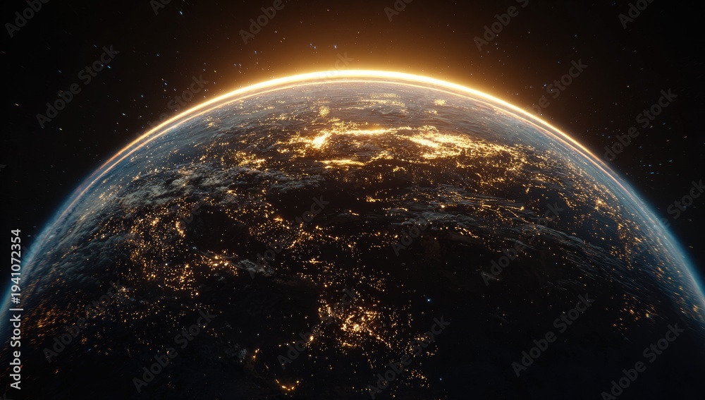 Fototapeta premium Earth viewed from space at night, illuminated by city lights