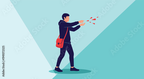 Man with a red messenger bag walking and reaching out towards floating red liquid droplets on a gradient teal background.