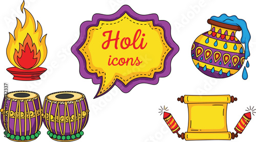 Holi icons illustration, cultural artwork, festive symbols, bonfire flames, decorated drums, colorful pot, firecrackers scroll, rainbow design, Indian tradition, spring celebration