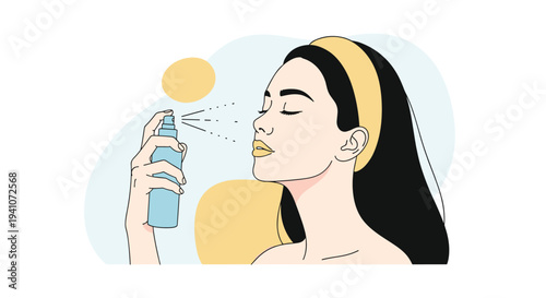 Beautiful young woman applying a refreshing facial mist spray to her face as part of her daily skincare routine.