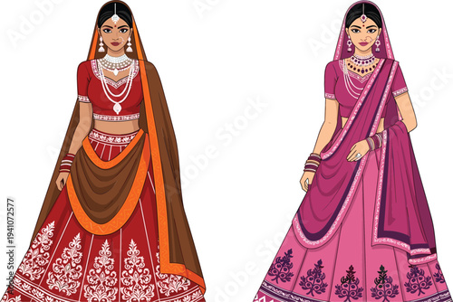 Two beautiful Indian brides wearing traditional red and pink lehenga choli with heavy jewelry and dupatta for wedding ceremony vector illustration.