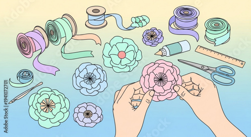 Hands crafting colorful flowers from ribbons and threads with scissors and tools nearby for diy hobby or creative project