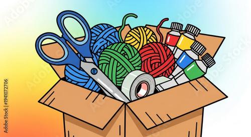 Colorful craft supplies in an open cardboard box on a gradient background with yarn scissors and paint