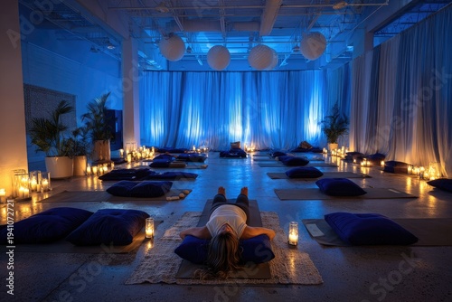 Serene yoga studio illuminated by soft blue lights and candles