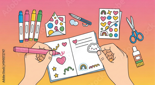 Hands coloring valentine's day card with markers scissors stickers and stationery on table