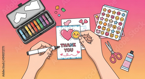 Hands crafting a thank you card with colorful stationery stickers and art supplies on a vibrant background