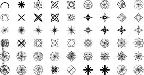 Set of intricate black minimalist vector icons featuring complex mandalas geometric starbursts decorative circular swirls and abstract floral linear elements for modern graphic design projects.Set of 
