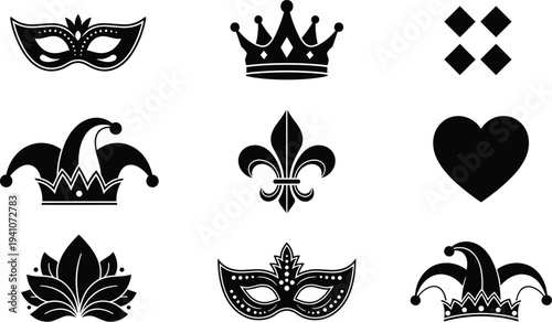 Masquerade carnival icons, jester hat silhouette, royal crown symbol, fleur-de-lis design, festive celebration art, lotus flower, decorative heart