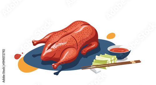 Whole roasted Peking duck with crispy skin served on a blue platter with fresh scallions, sauce, and chopsticks.