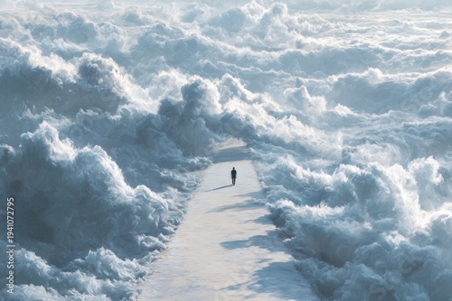 A lone figure walks on a path through ethereal clouds