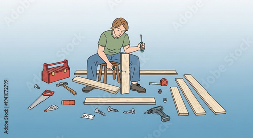 Man assembling furniture with tools and wood pieces on the floor in workshop