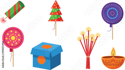 Colorful Indian Diwali festival firecrackers and celebration elements collection with diya oil lamp gift box sparklers and ground spinners flat vector