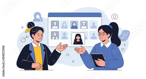 Two professional women discussing social profiles or job candidates displayed on a large digital screen in an office.