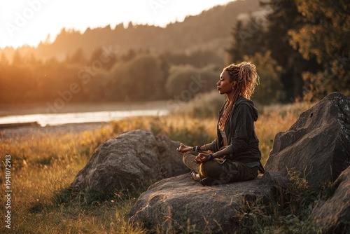 Woman meditates outdoors at sunrise by a lake