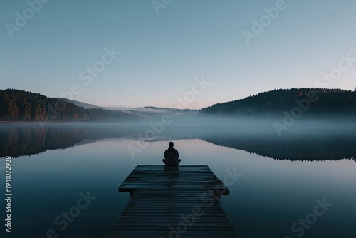 Solitary figure sits on pier overlooking misty lake at dawn