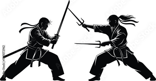 Martial arts duel silhouette, katana vs sai combat, traditional weapon fight, dynamic warrior stances, Japanese culture, 