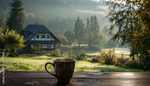 Morning mist rises over a cozy cabin with steaming coffee