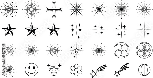 Set of sharp black minimalist vector icons featuring multi-pointed stars geometric atom symbols circular spiral patterns and decorative floral elements for modern branding.Set of sharp black minimalis