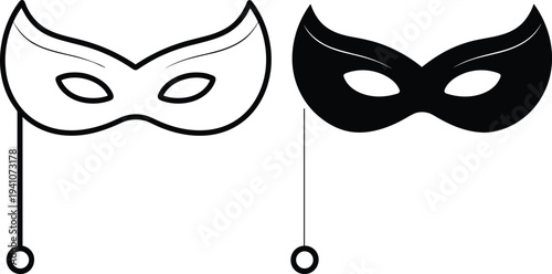 Masquerade masks, black and white masks, costume party design, handheld mask silhouettes, decorative disguise artwork, theatrical performance icon, festive celebration