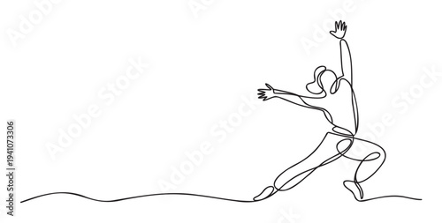 Continuous line drawing of a dynamic figure in a powerful lunge or yoga pose, representing strength and flexibility, excellent for fitness, wellness, and mindful living content.