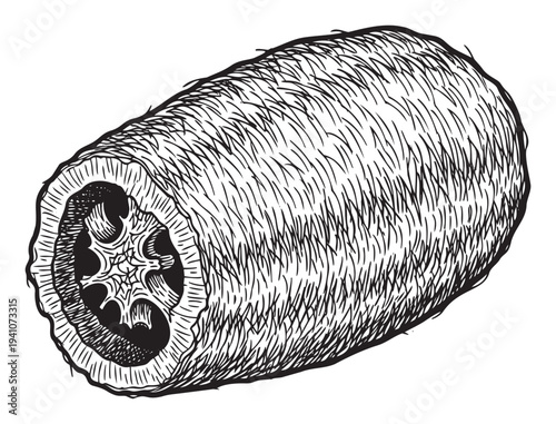 Detailed black and white drawing depicting an organic fibrous plant cross section revealing complex internal structures, ideal for biology textbooks, health product labels, or naturethemed
