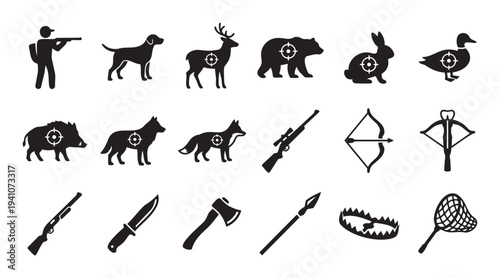 Diverse set of black silhouette icons depicting a hunter, game animals with target spots, and various hunting weapons and traps, ideal for illustrating outdoor sports or wildlife management