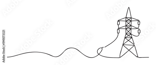 Minimalist single line drawing depicting an electrical transmission tower and connecting power lines, ideal for visualizing global energy networks and grid efficiency.