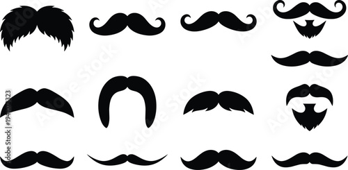 Mustache silhouettes, facial hair styles, beard outline, grooming icons, classic mustache, stylized beard, sideburns design, character illustration, costume artwork