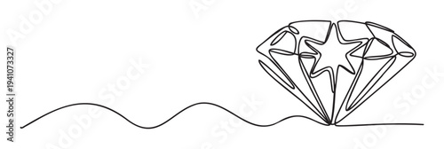 A sophisticated continuous line drawing of a sparkling diamond symbol, perfect for luxury brand identity, jewelry advertising, elegant print materials and contemporary digital assets