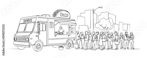Detailed line drawing of a popular taco food truck serving a long queue of diverse customers in an urban cityscape, ideal for illustrating street food culture and busy city life.