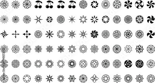 Set of black minimalist vector icons featuring geometric stars decorative cross symbols hexagonal patterns and abstract circular ornaments for modern branding and graphic design.Set of black minimalis