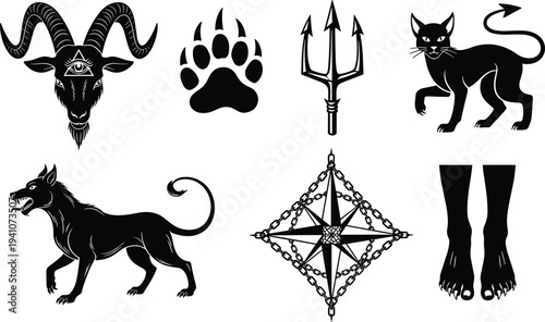 Mystical occult symbols, goat head icon, esoteric trident design, compass rose chains, animal silhouettes, spiritual symbolism, mysterious dark illustration