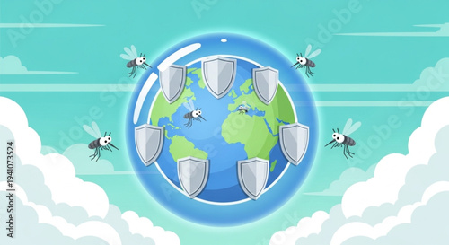 World Malaria Day mosquito-borne diseases illustrated with Earth surrounded by protective shields within a sphere, emphasizing prevention and worldwide health initiatives
