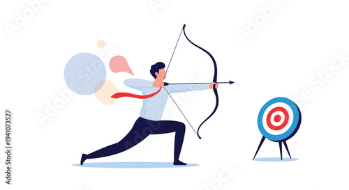 Determined businessman in a white shirt and tie aiming a bow and arrow at a target representing goal achievement.