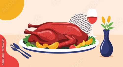 Festive whole roasted turkey on a platter with oranges and greens next to a glass of red wine and flower vase.