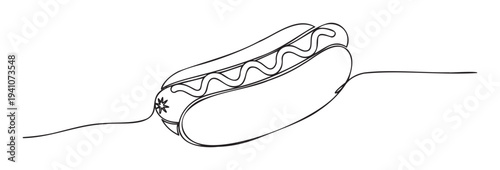 A minimalist continuous line drawing depicting a classic hot dog with a bun and zigzagging mustard, perfect for fast food menus, casual dining promotions, and food truck branding.