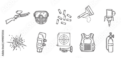 Paintball equipment and gear collection including a marker, protective mask, paint capsules, air tanks, safety vest, elbow pad, and target for extreme sport recreation and outdoor gaming