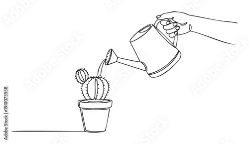 Hand holding a watering can pouring water onto a potted cactus plant, representing growth, care, and sustainable gardening practices for various web graphics or educational material.