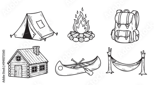 Collection of outdoor adventure and camping essential objects in a hand drawn style perfect for wilderness activity guides and nature exploration themed media