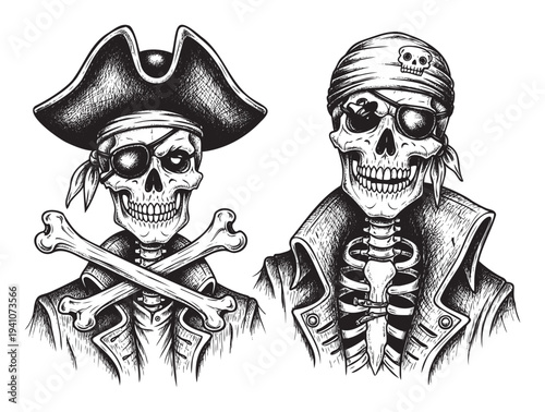 Two pirate skeletons wearing bicorne hats and bandanas with eyepatches and coats, ideal for Halloween decorations, themed parties, or adventure novel covers and merchandise.