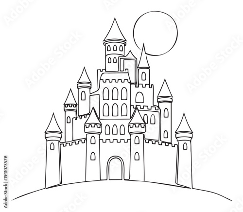 A simple line drawing of a magnificent fairytale castle perched on a hill under a large round moon, perfect for educational content, creative projects, or imaginative storytelling resources.