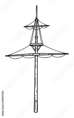 A detailed hand drawn black and white vintage sailing ship mast with spars and rigging is ideal for maritime themed historical projects or adventurous nautical illustrations