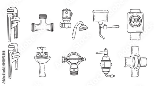 A detailed selection of common plumbing components and tools including adjustable wrenches pipes a shower head water meter and faucet useful for construction guides home repairs or trade