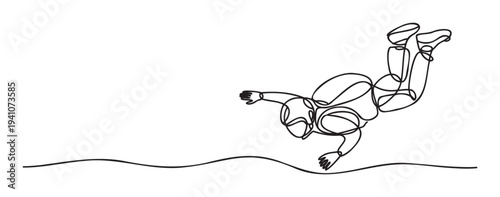 Continuous line drawing of a person in a dynamic freefall position symbolizing freedom and adventure, suitable for modern graphics and active lifestyle branding materials